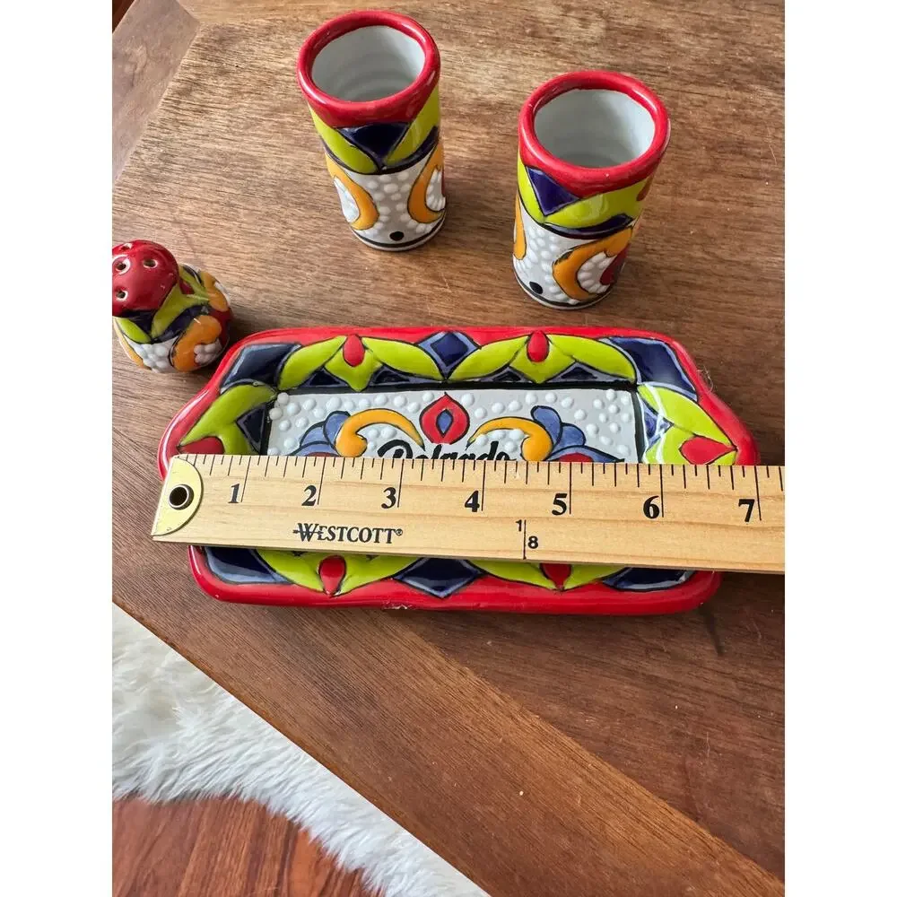 Talavera Tequila Shot Glass 4pc Set Mexican Pottery Folk Art Multicolor